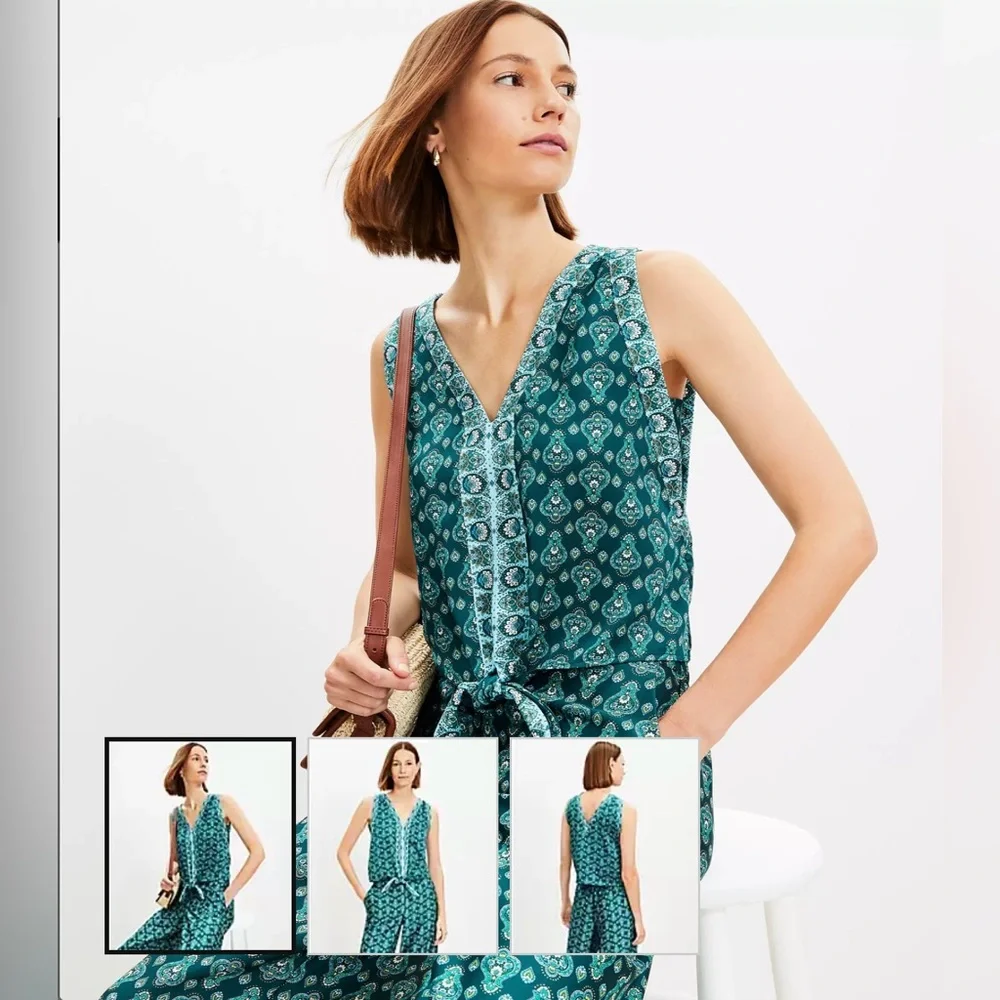 LOFT Teal Paisley Print V-Neck Tie-Waist Camisole - Picture 1 of 11